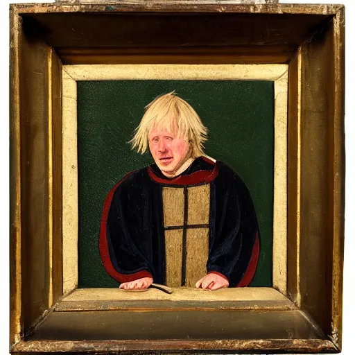 Image similar to boris johnson as a peasant from 1 2 th century england, exhibited in the british museum, oil on canvas, art, restored painting