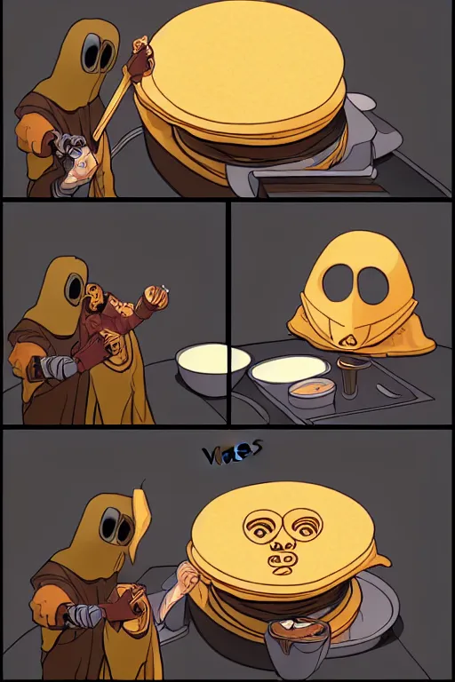 Prompt: mf doom making pancakes, animation pixar style, pendleton ward, magali villeneuve, artgerm, rob rey and kentaro miura style, golden ratio, behance, trending on art station