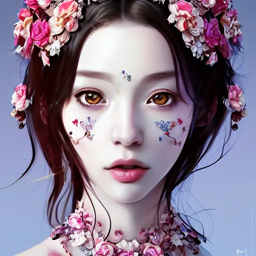 Prompt: the portrait of the absurdly beautiful, graceful, elegant, gorgeous, fashionable photorealistic anime pale girl made of cherries and white petals with tears, an ultrafine hyperdetailed illustration by kim jung gi, irakli nadar, intricate linework, bright colors, octopath traveler, final fantasy, unreal engine highly rendered, global illumination, radiant light, intricate environment