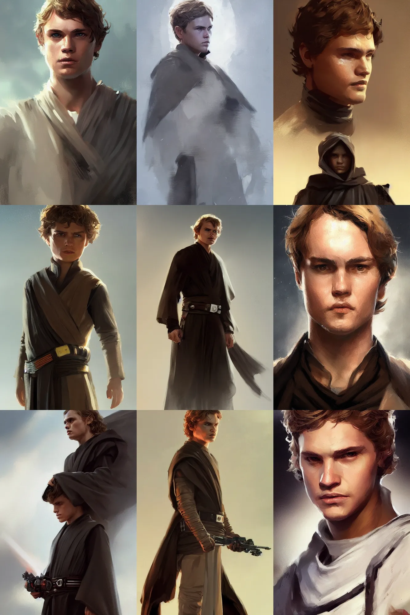 Prompt: full length portrait of anakin skywalker by greg rutkowski, highly detailed, portrait, scifi, digital painting, artstation, concept art, smooth, sharp focc