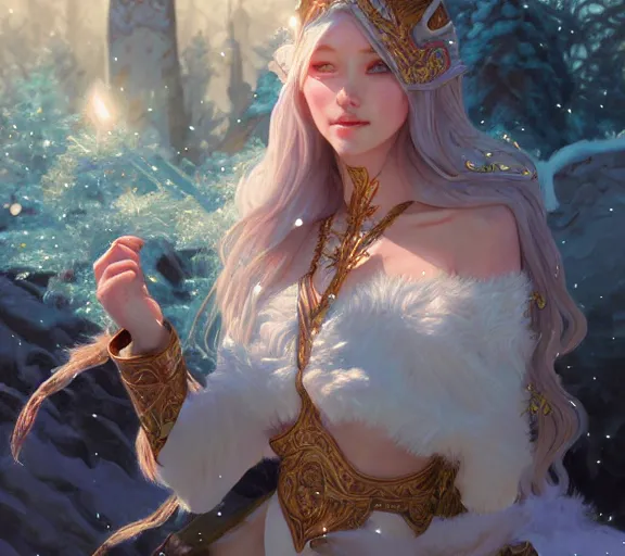 Image similar to beautiful ancient frost elf, fire in eye, snow glow, pool party, highly detailed, digital painting, artstation, sharp focus, illustration, art by tan zi and ayanamikodon and alphonse mucha and wlop