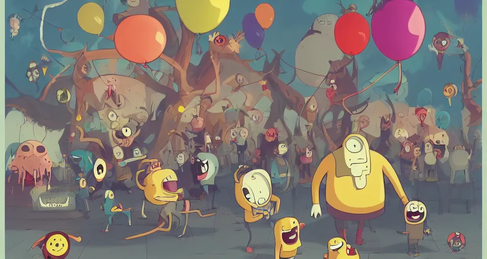 Image similar to cartoon scary children with balloons, evil, in the style of adventure time, the amazing world of gumball, pixar, toki doki, greg rutkowski and makoto shinkai, trending on artstation