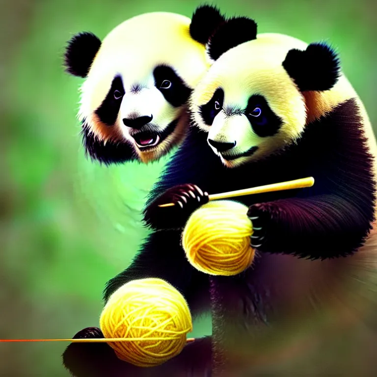 Prompt: a panda playing with a ball of yarn, best on artstation, cgsociety, epic, stunning, gorgeous, much wow, cinematic, masterpiece