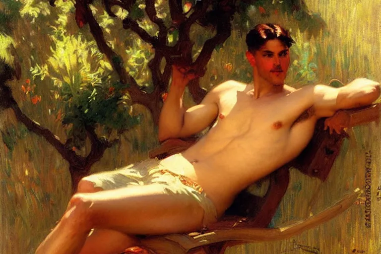 Prompt: summer, attractive male, dreamy, painting by gaston bussiere, craig mullins, j. c. leyendecker