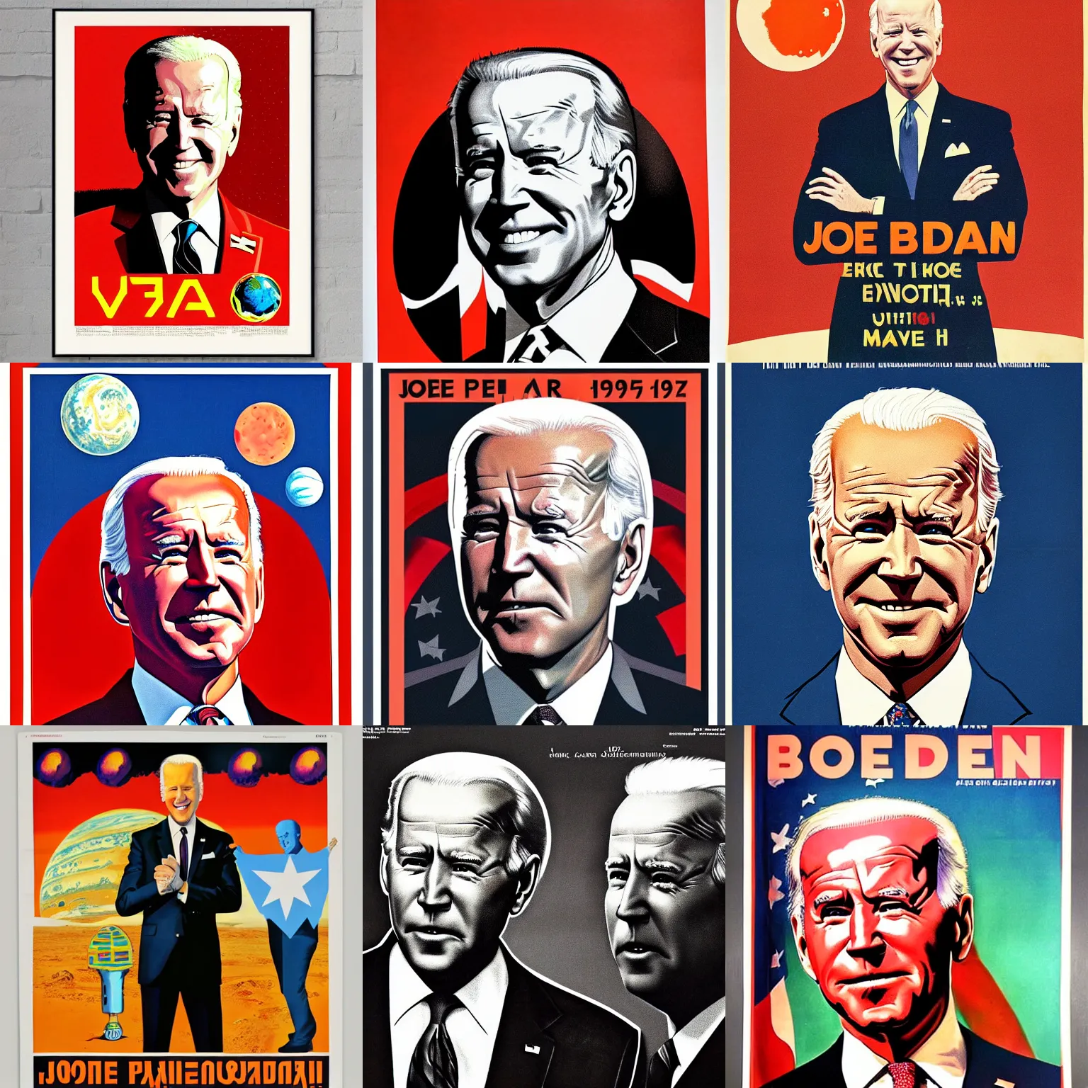 Prompt: Joe Biden portrait, planet mars, 60s poster, 1972 Soviet