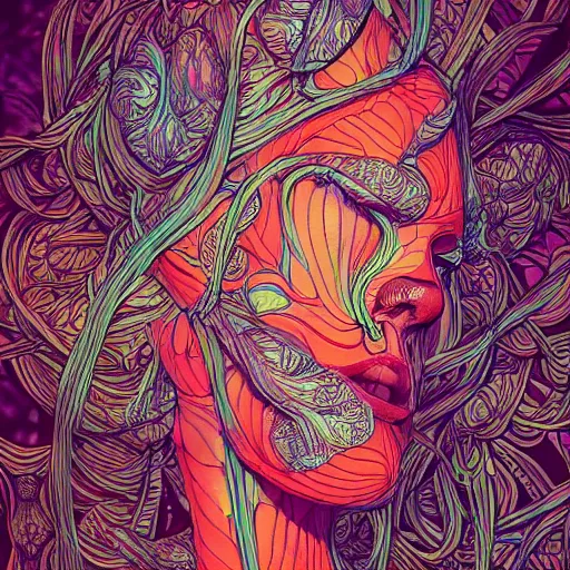 Prompt: a beautiful woman made up of carrots, an ultrafine detailed illustration by james jean, intricate linework, bright colors, final fantasy, behance contest winner, vanitas, angular, altermodern, unreal engine 5 highly rendered, global illumination, radiant light, detailed and intricate environment