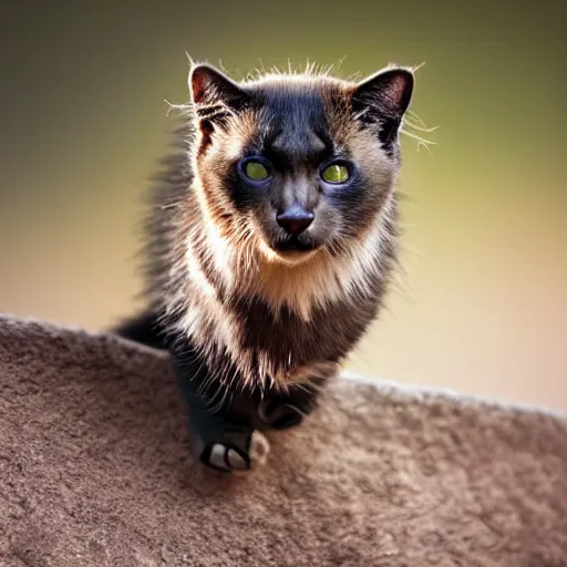 Prompt: a feline honeybadger - cat - hybrid, animal photography