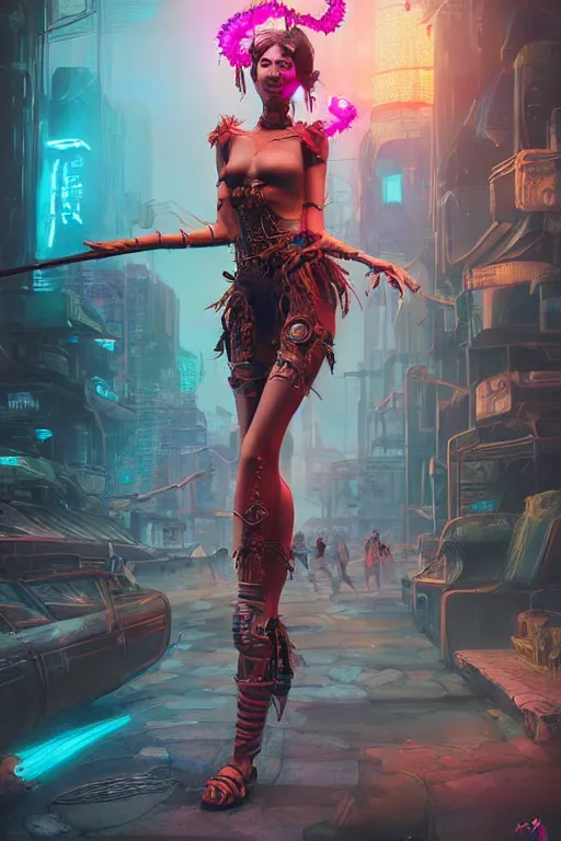 Image similar to An epic fantasy comic book style full body portrait painting of a very beautiful cyberpunk Hula Dancer, character design by Mark Ryden and Pixar and Hayao Miyazaki, unreal 5, DAZ, hyperrealistic, octane render, cosplay, RPG portrait, dynamic lighting, intricate detail, cinematic