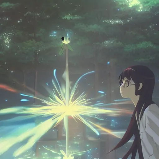 Prompt: the girl is casting a magic array,by Makoto Shinkai