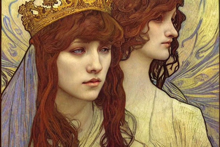 Image similar to detailed realistic beautiful young medieval queen face portrait by jean delville, alphonse mucha, vincent van gogh, and marco mazzoni, art nouveau, symbolist, visionary, gothic, pre - raphaelite