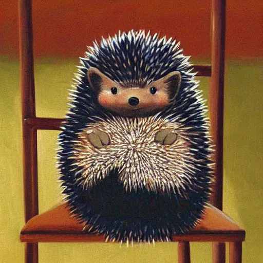 Prompt: cute cheeky grinning hedgehog sitting in a chair painted by gerard sekoto