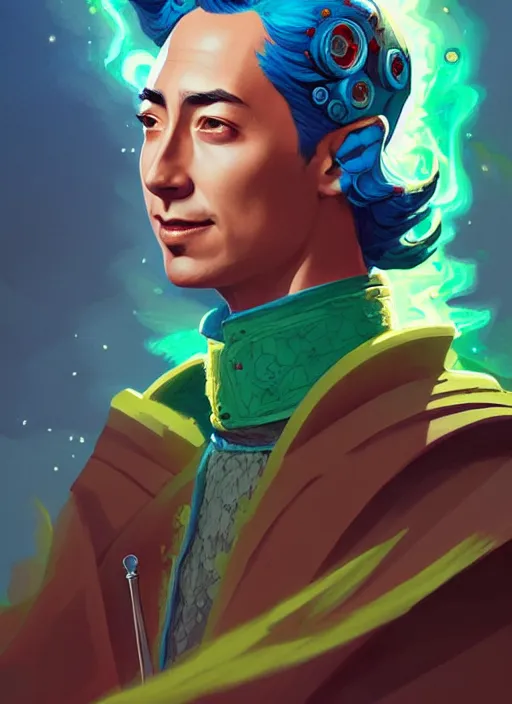 Prompt: style artgerm, joshua middleton, illustration, pee wee herman as a warrior monk wearing green pelt light armor, blue hair, swirling water cosmos, fantasy, dnd, cinematic lighting