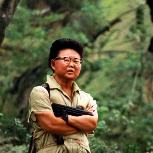 Prompt: filmstill of Kim Jong-il in the role of Rambo with head bandana, cinemascope, Eastman Color Negative 50T 5251 Neg. Film