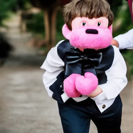 Image similar to little boy being taken away from family by a pink monkey wearing a black tie