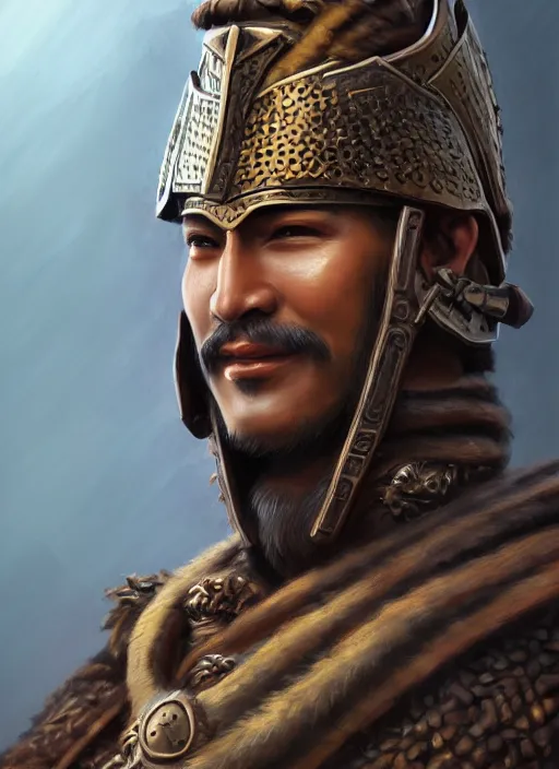 Prompt: smart tai warlord, closeup portrait, beardless, smooth - faced, historical hero, ethnic group, tai costume, bronze headdress, intricate, with leather armor cross on bare chest, elegant, loin cloth, highly detailed, oil painting, artstation, concept art, matte, sharp focus, illustration, hearthstone, art by earl norem