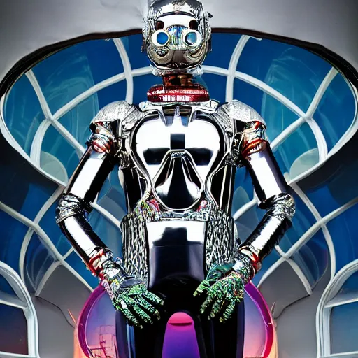 Image similar to architectural digest portrait photo, inside a futuristic ornate rococo bedroom made out of shiny reflective chrome and rubber and exotic woods, huge window showing a distant colorful planet, futuristic android with limbs made out of stretchy rubber tubing and latex mixed with shiny chrome gauntlets and chest piece and mask