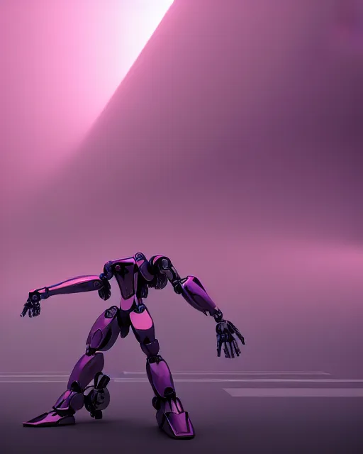 Prompt: hyperrealistic 3d render full mecha iridescent pink foggy landscape concept art vray ute osterwald de chirico sharp cinematic very moody light 8k low angle shallow depth of field