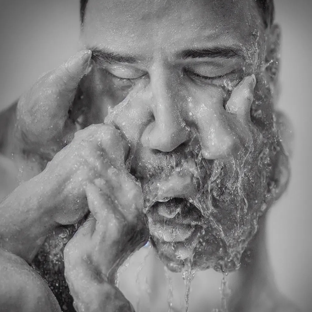 Image similar to hyper realistic sketch of a man washing his face by jono dry