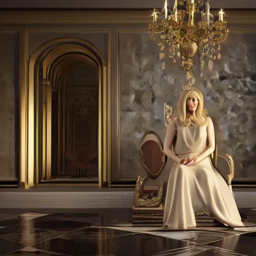 Prompt: beautiful blonde woman standing in throne room, slight smile, octane render, hyper realism