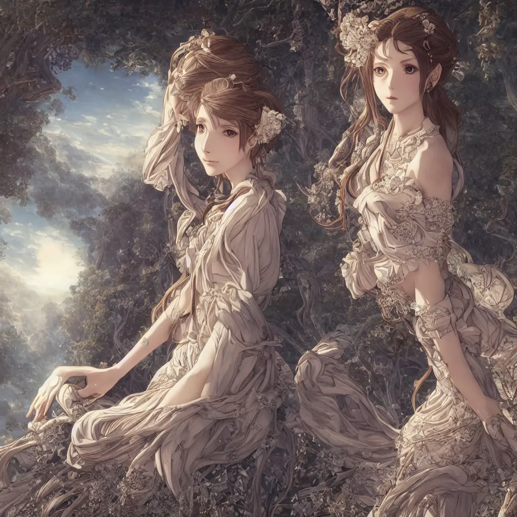 Image similar to the portrait of beautiful goddess, elegant, young anime girl, an ultrafine hyperdetailed illustration by caspar david friedrich, irakli nadar, intricate linework, bright colors, smooth, octopath traveler, final fantasy, unreal engine 5 highly rendered, global illumination, radiant light, detailed and intricate environment