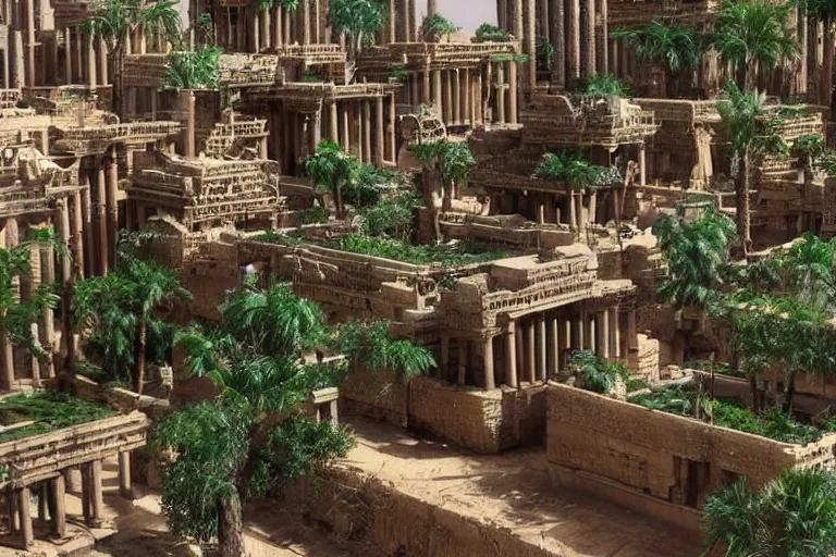 Image similar to ancient city of Babylon, hanging gardens of babylon. Robot mechas roaming the streers of ancient babylon. By morgan freeman, highly detailed