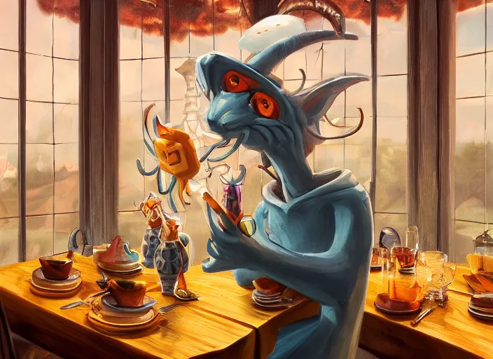 Prompt: a cartoonish cute anthropomorphic phage is having dinner in a beautiful home, magical atmosphere, trending on artstation, 30mm, by Noah Bradley trending on ArtStation, deviantart, high detail, stylized portrait H 704