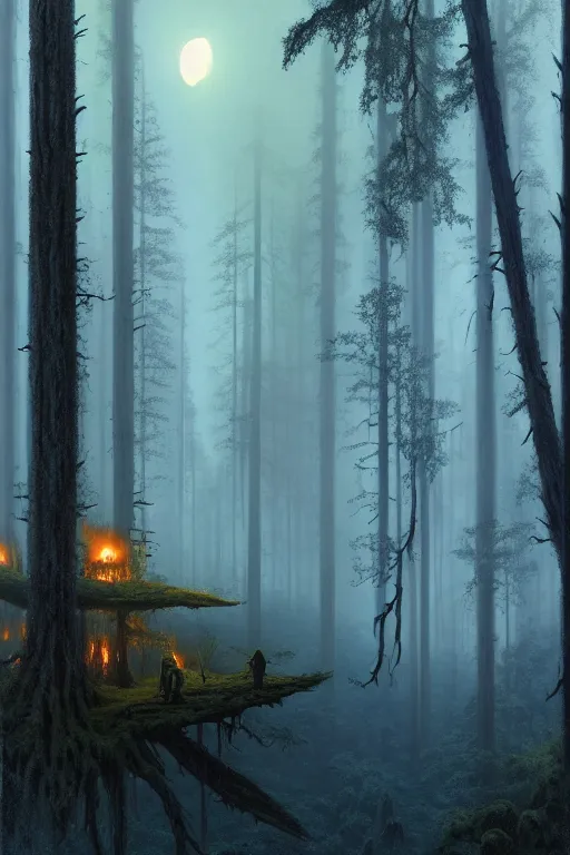 Image similar to emissary a dark moody forest moon home of the furry yellow eyed ewoks, small fires illuminating the forest, foggy blue hour, light traveling through the trees, small creek, ( designated : ix 3 2 4 4 - a ) by arthur haas and bruce pennington and john schoenherr, cinematic matte painting, 8 k, dark color palate