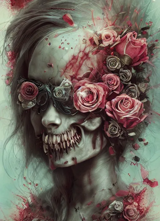 Prompt: Alice in Wonderland,roses,bullets,highly detailed,half skull face,cinematic,8k,by Stanley Artgermm,Tom Bagshaw,Greg Rutkowski,Carne Griffiths, Ayami Kojima, Beksinski, Giger,trending on DeviantArt,hyper detailed,horror, full of colour