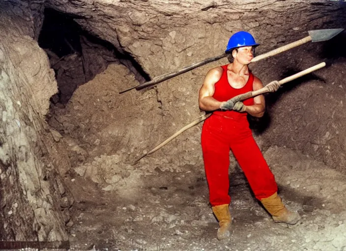 Image similar to 90's professional color photograph, A very muscular miner woman wielding a pickaxe in the mine.