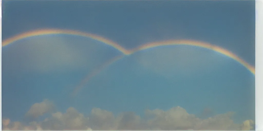 Image similar to polaroid photo of a single rainbow in the sky, clouds in the background, light blue sky, slight color bleed from the rainbow