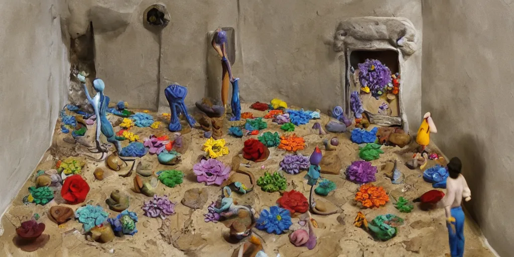 Prompt: plasticine sculpture stop motion. salvador dali clay models. gallery painting of flowers. water on floor. visitors. room with a small hole in wall. john craxton. high detail. photorealistic