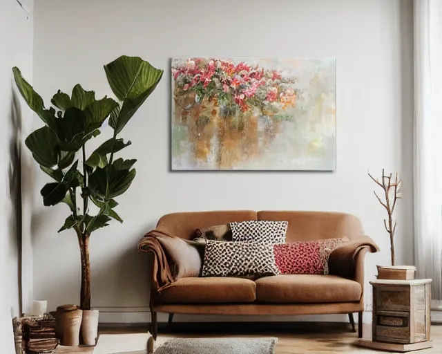 Image similar to A warm painting of a room interior, calm, relaxing, cosy, warm light, warm color scheme, houseplants, fresh flowers, oil on canvas