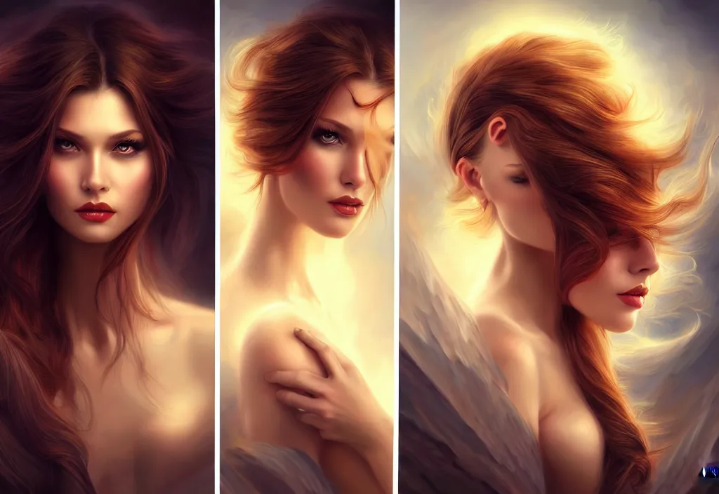 Image similar to picture split from the middle with an border, evil angels with different backrounds, intricate, elegant, highly detailed, realistic hair, centered, digital painting, art station, conceptual art, soft, sharp focus, illustration, artwork, artgerm, wlop, boris vallejo