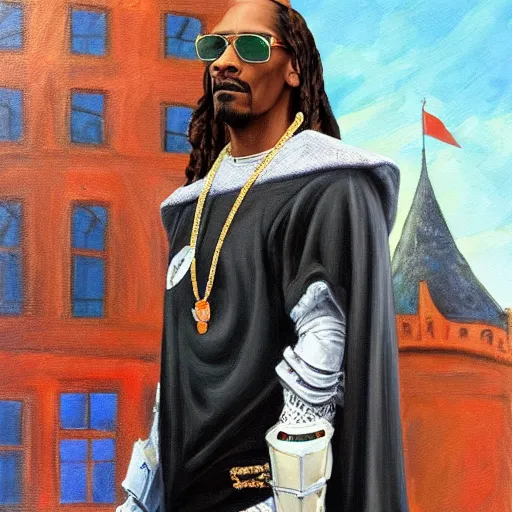 Image similar to Painting of Snoop dog in armor standing in front of a castle in style of Charlie Bowater