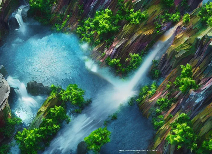 Prompt: an epic makoto shinkai landscape with a waterfall, aerial view, in the style of graffuturism and watercolor, octane render