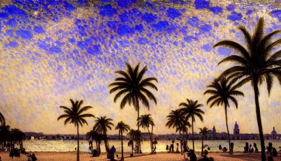 Image similar to a ultradetailed beautiful painting of the thunderstorm sky of the amazonas palace balustrade designed by jules bastien - lepage, tarsila do amaral, frank weston and gustave baumann, beach, trending on artstation, mediterranean, palm trees, sharp focus, colorful refracted sparkles and lines, soft light, 8 k 4 k