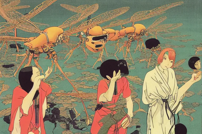 Image similar to gigantic dragonflies with human faces catch tiny robots, a lot of exotic mechas robots around, human heads everywhere, risograph by kawase hasui, dirtyrobot, edward hopper, satoshi kon and moebius, colorful flat surreal design, super - detailed, a lot of tiny details, fullshot
