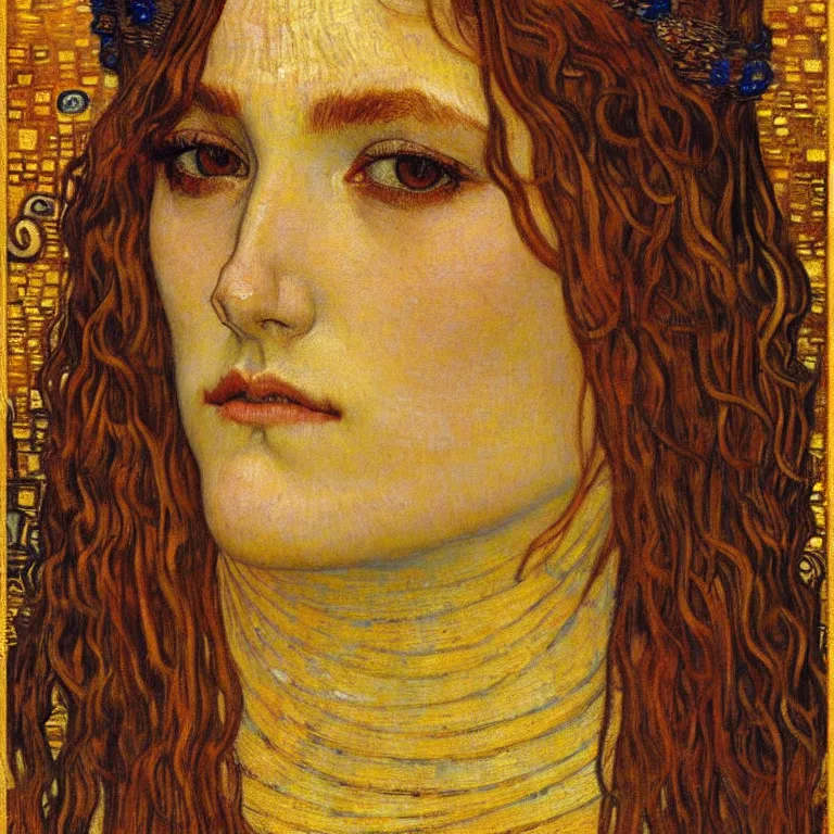 Image similar to detailed realistic beautiful young medieval queen face portrait by jean delville, gustav klimt and vincent van gogh, art nouveau, symbolist, visionary, gothic, pre - raphaelite, muted earthy colors, desaturated