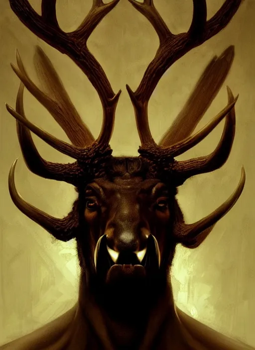 Image similar to symmetry!! portrait of hannibal stag man, dark skin, antlers, horror, night time lighting, intricate, scary, highly detailed, digital painting, artstation, concept art, smooth, sharp focus, illustration, art by greg rutkowski