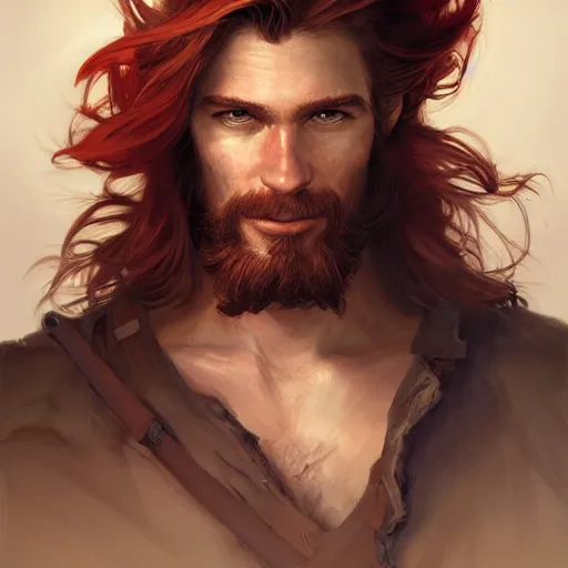 Image similar to portrait of a young ruggedly handsome but joyful pirate, male, masculine, upper body, red crimson hair, long flowing hair, fantasy, smirk, intricate, elegant, highly detailed, digital painting, artstation, concept art, matte, sharp focus, illustration, art by artgerm and greg rutkowski and alphonse mucha