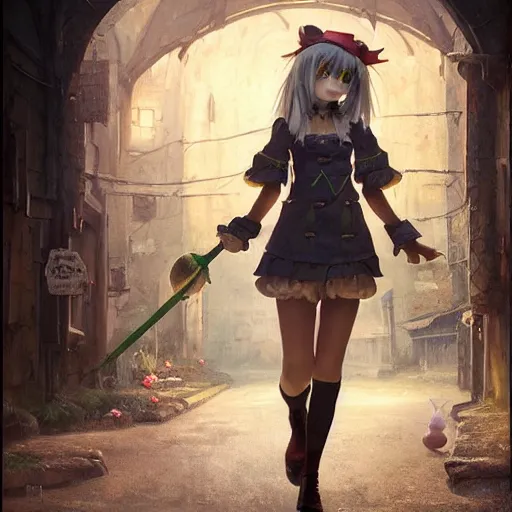 Prompt: Portrait of a Moogle Girl from Final Fantasy, huggy wuggy from poppy playtime video game sneaking through the streets of a medieval village at night, glowing lights, oil painting, Greg Rutkowski, Charlie Bowater, Beeple, unreal 5, DAZ, hyperrealistic, octane render, RPG portrait, dynamic lighting, fantasy art, beautiful face