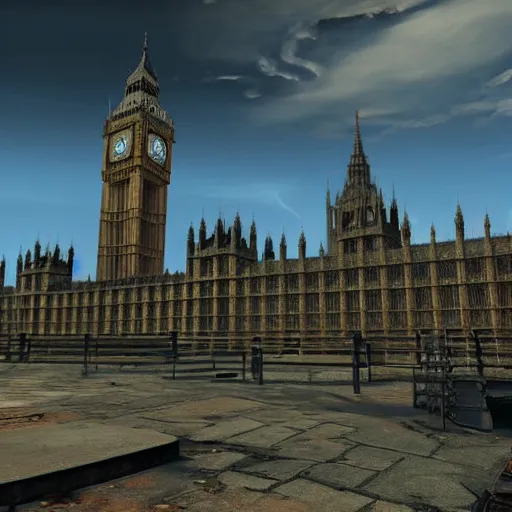 Prompt: Houses of Parliament, London in ruins post-nuclear war in Fallout 4, in game screenshot