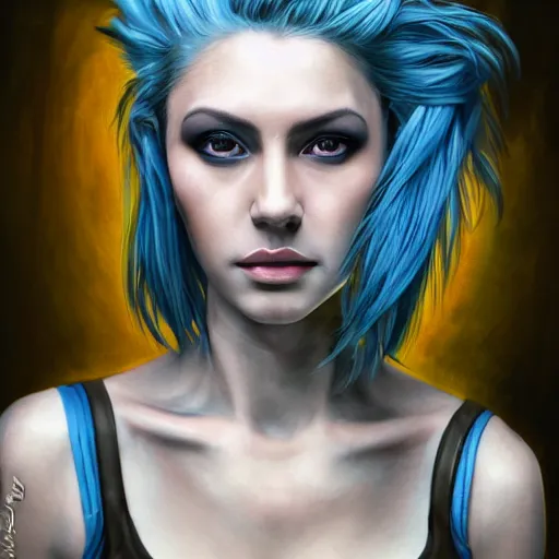 Image similar to epic portrait an punk woman with blue hair and a white tank top, beauty, pretty face, glossy skin, digital painting, artstation, concept art, soft light, hdri, smooth, sharp focus, illustration, fantasy, intricate, elegant, highly detailed, D&D, matte painting, in the style of Greg Rutkowski and Alphonse Mucha and artemisia, 8k, highly detailed, jurgens, rutkowski, bouguereau, pastoral, rustic, georgic, detailed concept art, illustration, colorful pastel, painting, detail, ultra detailed, digital art, 4K,