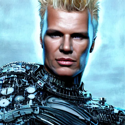 Image similar to hyperrealistic mixed media portrait of a Robot of Billy Idol forward angle, stunning 3d render inspired art by P. Craig Russell and Barry Windsor-Smith + perfect facial symmetry + dim volumetric lighting, 8k octane beautifully detailed render, post-processing, extremely hyperdetailed, intricate futuristic mechanic parts, epic composition, grim yet sparkling atmosphere, cinematic lighting + masterpiece, trending on artstation