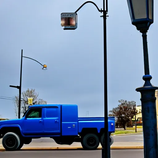 Image similar to blue truck dangling from atop a street light pole