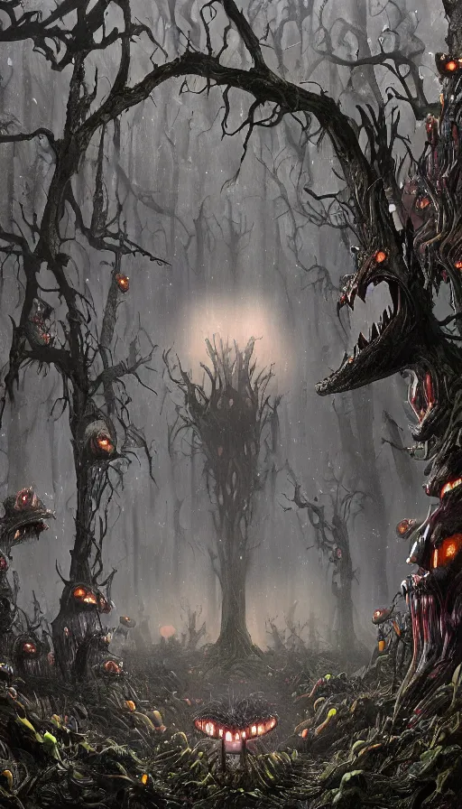 Image similar to a storm vortex made of many demonic eyes and teeth over a forest, by pixar concept artists