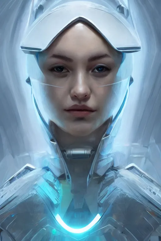 Image similar to beautiful cyborg priestess, scifi, perfect face, futuristic, elegant cape, aura of light, glow, concept art, sharp focus, trending on artstation, hwang se - on, intricate, advanced technology, art by roman makarenko and simon almeida and marcos melco