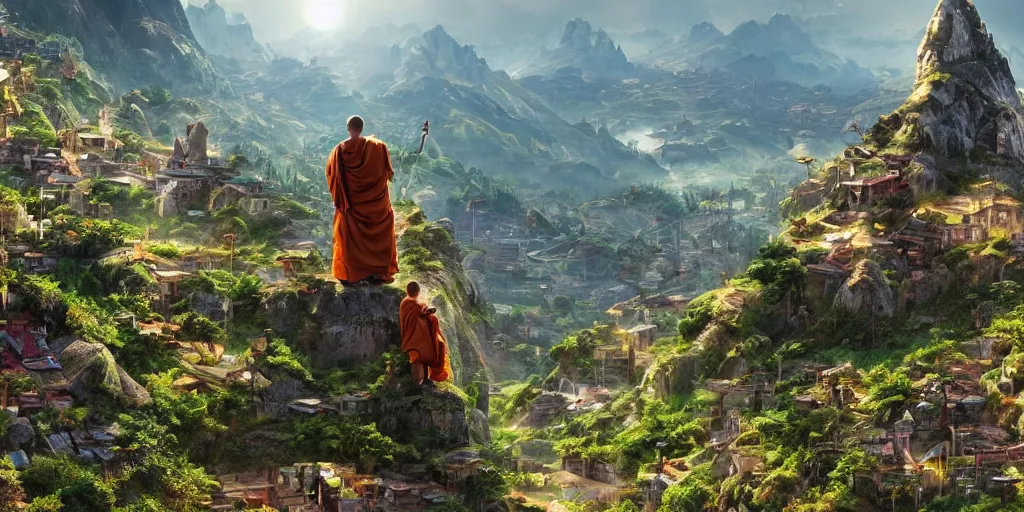 Image similar to a cinematic composition where a monk sits atop a mountain radiating his transformative energy to shift the cyberpunk civilization in the valley to a lush green overgrowing solarpunk civilization that is on top of the mountain