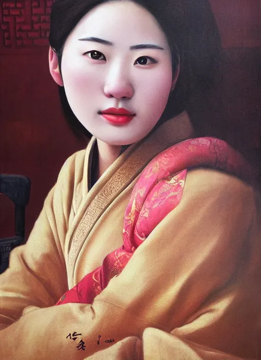 Prompt: portrait of a beautiful chinese girl in old beijing, painting by hun liu, oil on canvas, hyperrealism