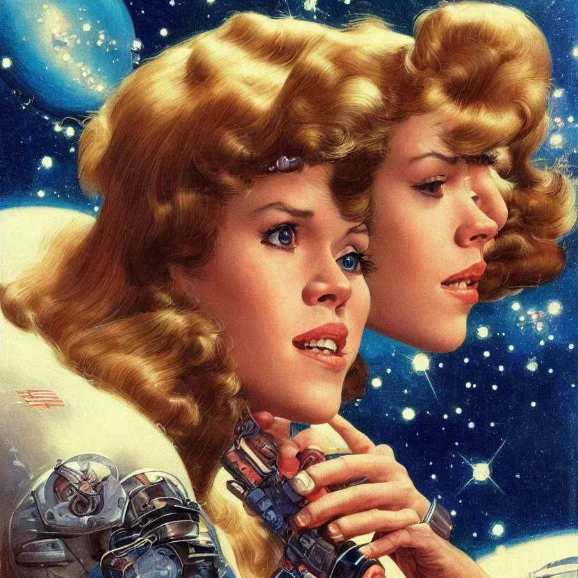 Image similar to close - up portrait of retrofuturistic young jane fonda in space. reflective detailed textures. soft gloomy dark background. highly detailed fantasy science fiction painting by moebius, norman rockwell, frank frazetta, and syd mead. rich colors, high contrast. artstation